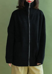 Vintage black Loose fitting winter zippered knit outwear NCT191125
