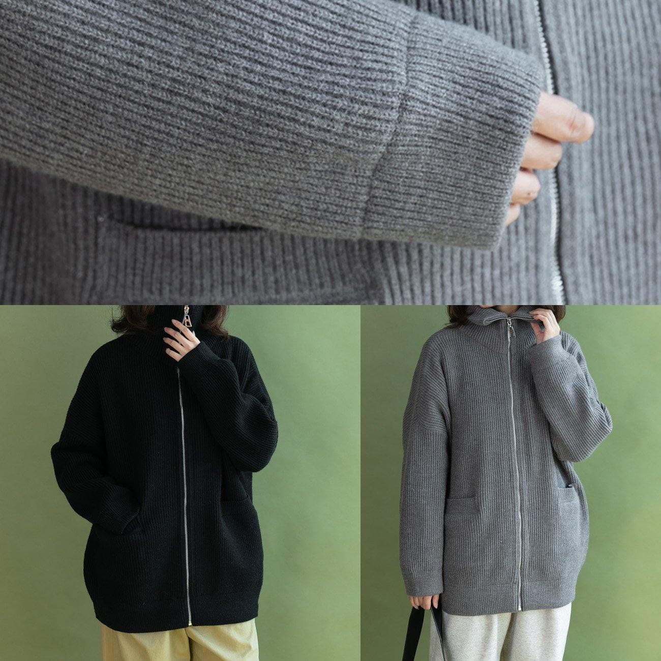 Vintage black Loose fitting winter zippered knit outwear NCT191125