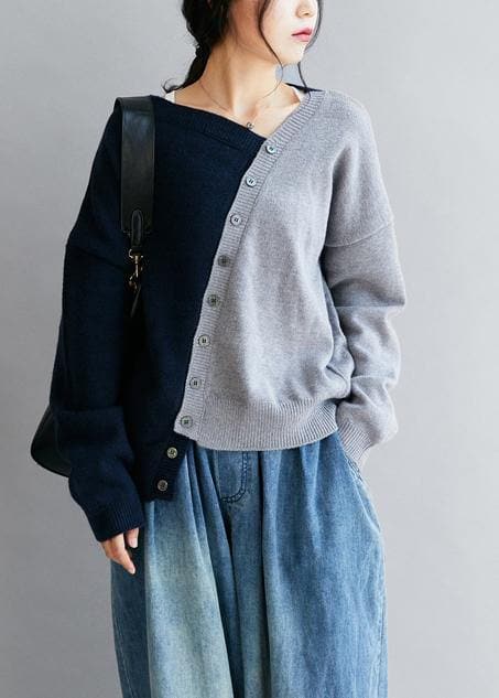 Vintage blue clothes v neck patchwork Loose fitting fall sweaters NTP201026