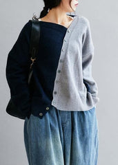 Vintage blue clothes v neck patchwork Loose fitting fall sweaters NTP201026