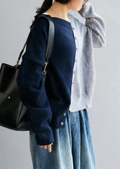 Vintage blue clothes v neck patchwork Loose fitting fall sweaters NTP201026