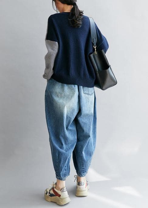 Vintage blue clothes v neck patchwork Loose fitting fall sweaters NTP201026