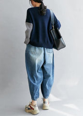 Vintage blue clothes v neck patchwork Loose fitting fall sweaters NTP201026