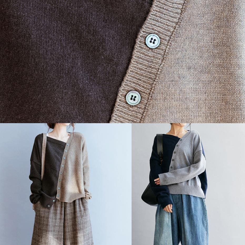 Vintage blue clothes v neck patchwork Loose fitting fall sweaters NTP201026