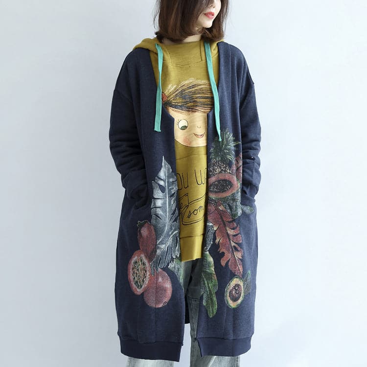 Vintage blue prints cotton cardigans plus size v neck long sleeve trench coats TCT171028