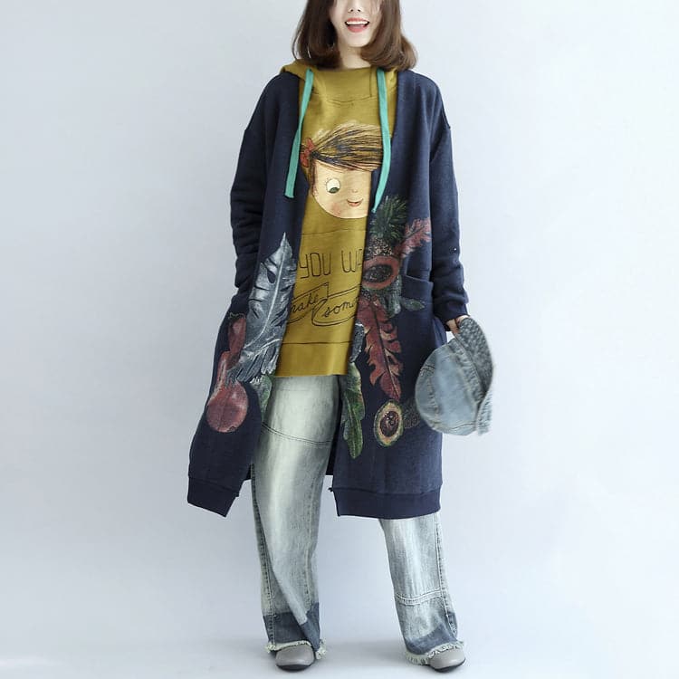 Vintage blue prints cotton cardigans plus size v neck long sleeve trench coats TCT171028