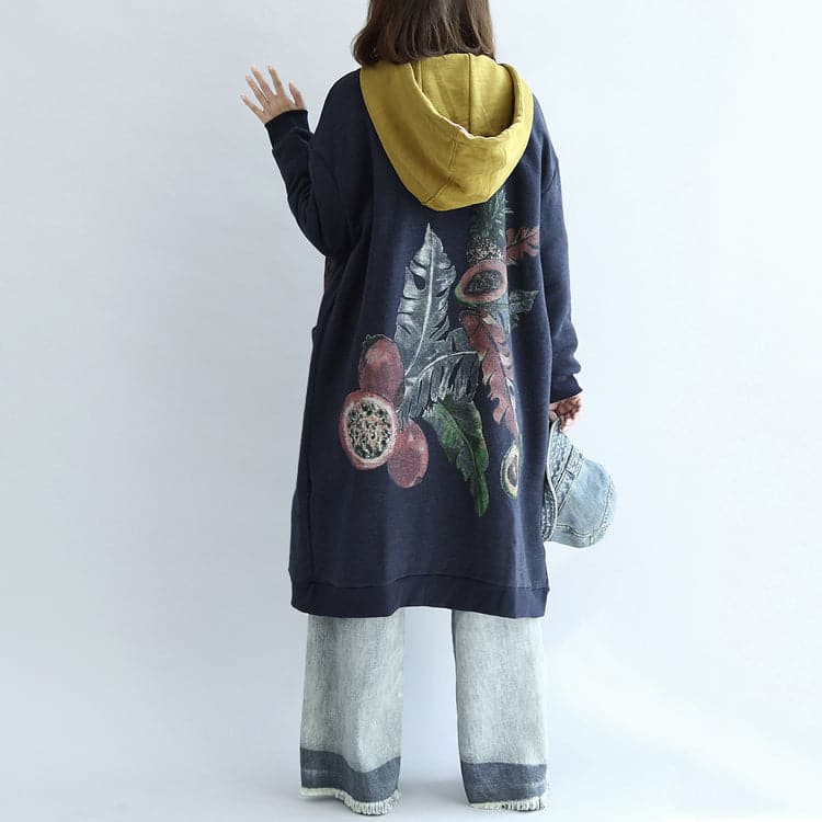 Vintage blue prints cotton cardigans plus size v neck long sleeve trench coats TCT171028
