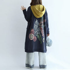 Vintage blue prints cotton cardigans plus size v neck long sleeve trench coats TCT171028
