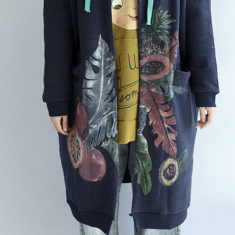 Vintage blue prints cotton cardigans plus size v neck long sleeve trench coats TCT171028