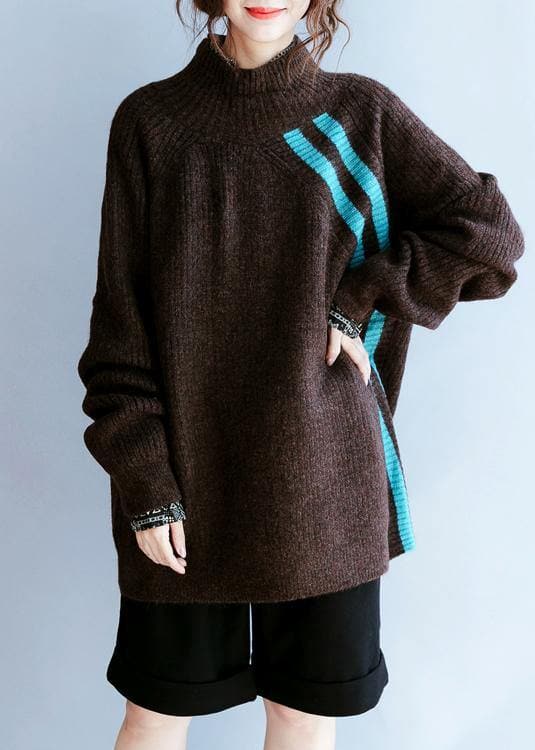 Vintage fall chocolate striped knitted blouse casual high neck knitted clothes NTP201026