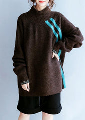 Vintage fall chocolate striped knitted blouse casual high neck knitted clothes NTP201026