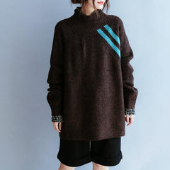 Vintage fall chocolate striped knitted blouse casual high neck knitted clothes NTP201026