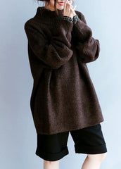 Vintage fall chocolate striped knitted blouse casual high neck knitted clothes NTP201026