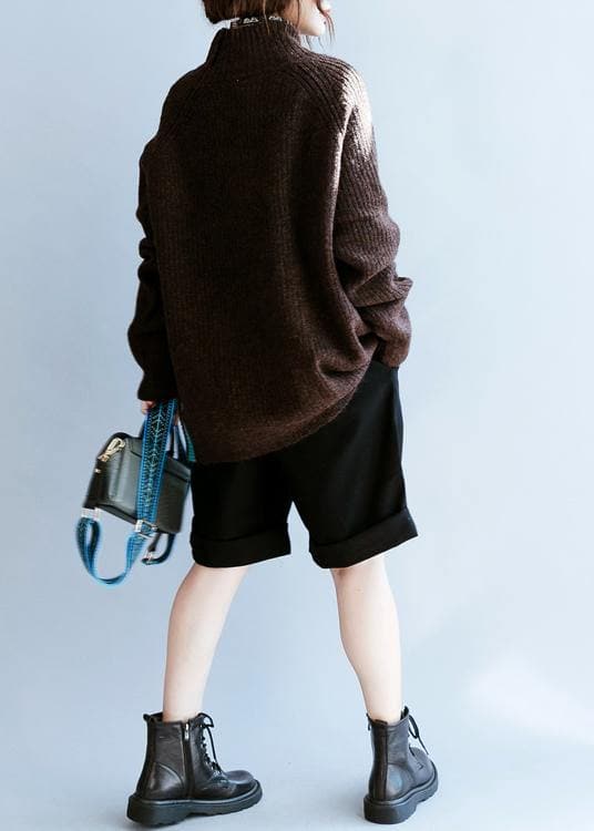 Vintage fall chocolate striped knitted blouse casual high neck knitted clothes NTP201026