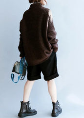 Vintage fall chocolate striped knitted blouse casual high neck knitted clothes NTP201026