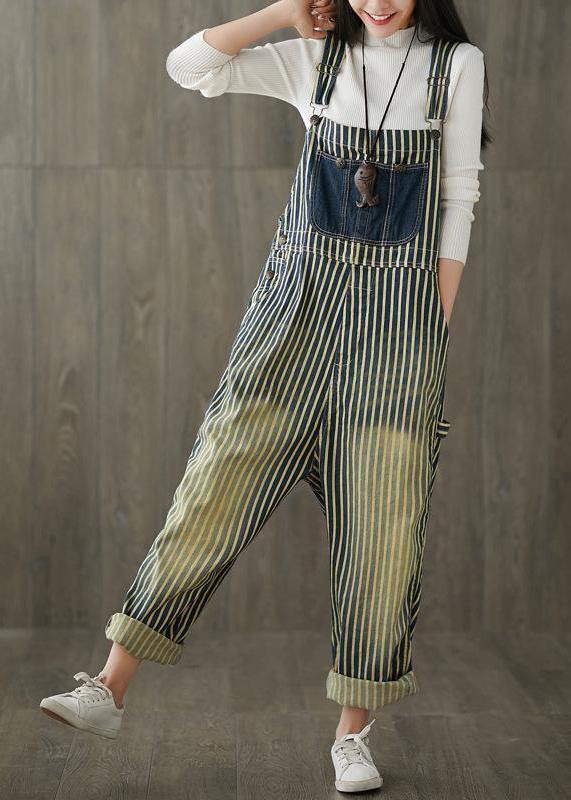 Women Casual Cotton Minimalist Vertical Striped Vintage Full Length Jumpsuits dylinoshop