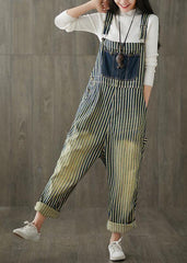 Women Casual Cotton Minimalist Vertical Striped Vintage Full Length Jumpsuits dylinoshop
