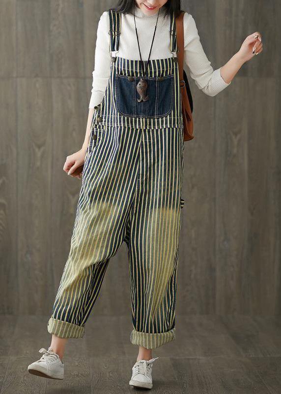 Women Casual Cotton Minimalist Vertical Striped Vintage Full Length Jumpsuits dylinoshop