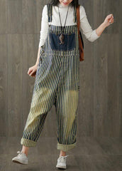 Women Casual Cotton Minimalist Vertical Striped Vintage Full Length Jumpsuits dylinoshop