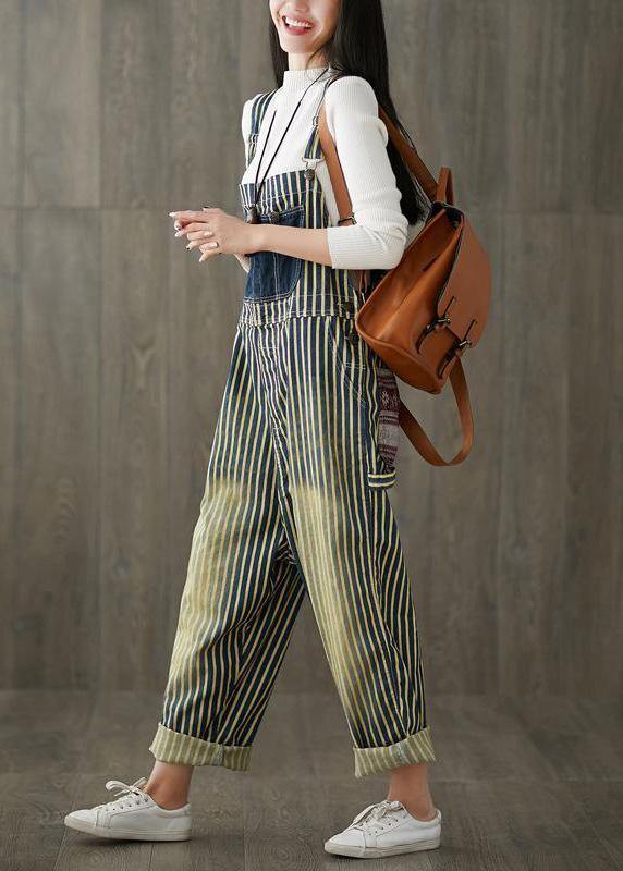 Women Casual Cotton Minimalist Vertical Striped Vintage Full Length Jumpsuits dylinoshop