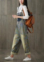 Women Casual Cotton Minimalist Vertical Striped Vintage Full Length Jumpsuits dylinoshop