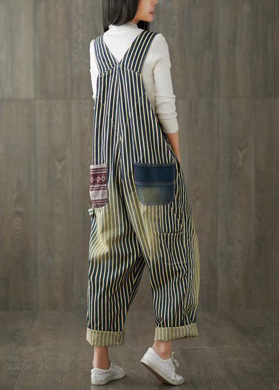 Women Casual Cotton Minimalist Vertical Striped Vintage Full Length Jumpsuits dylinoshop
