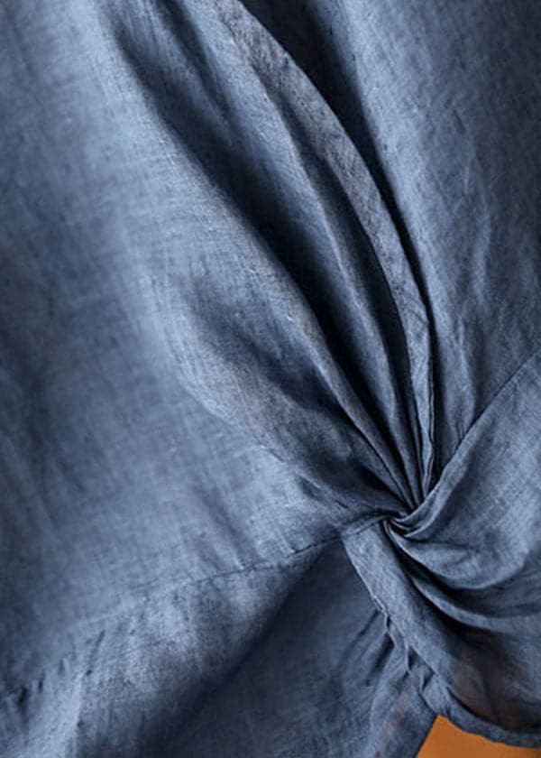 Women Denim Blue V Neck Asymmetrical Design Linen Blouses Short Sleeve XS-STP220701