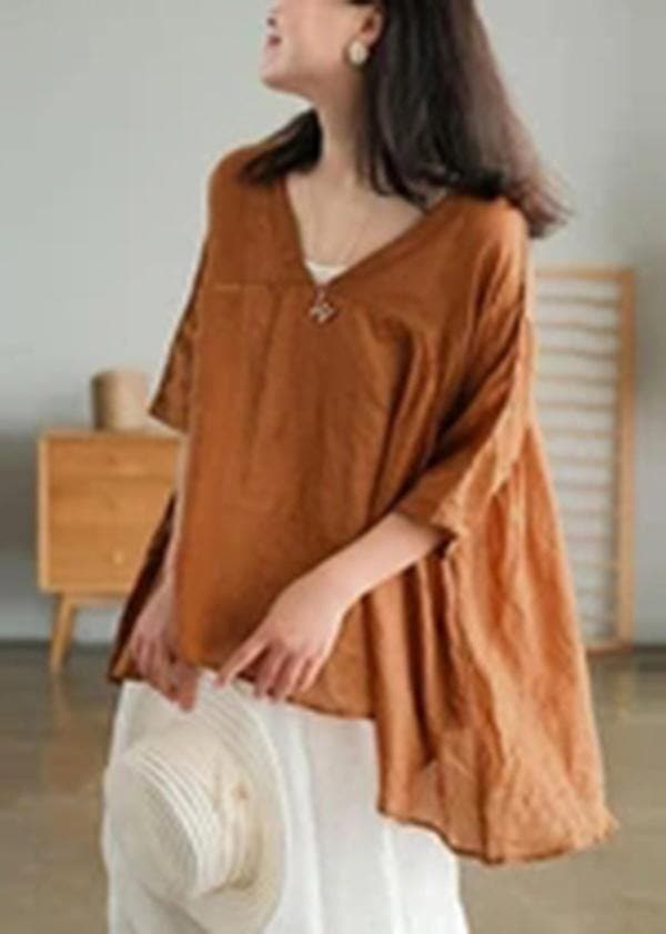 Women Orange Ramie Lace-up Pure Color Irregular Casual T-shirt GK-HTP210709