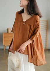 Women Orange Ramie Lace-up Pure Color Irregular Casual T-shirt GK-HTP210709