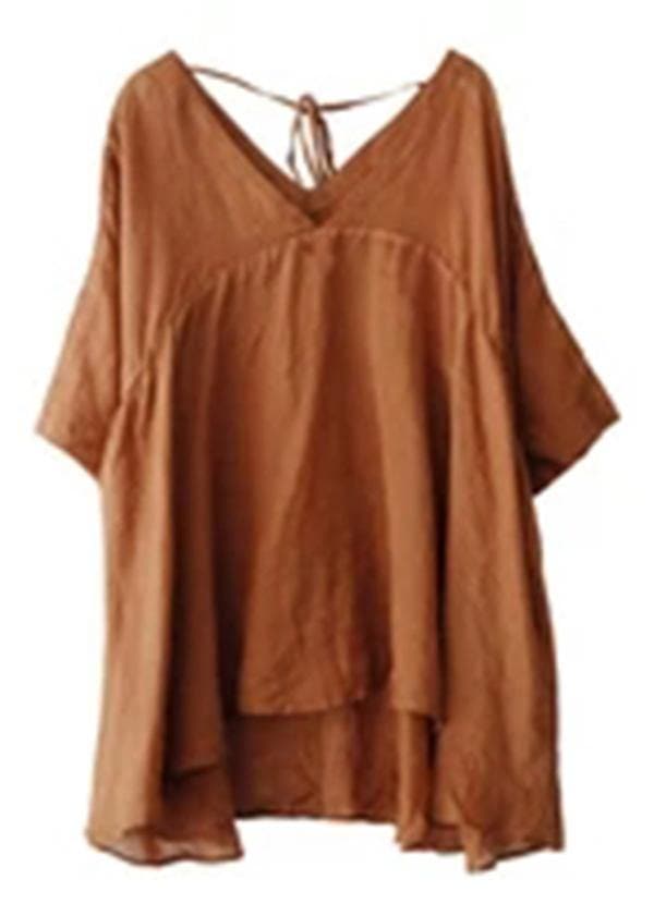 Women Orange Ramie Lace-up Pure Color Irregular Casual T-shirt GK-HTP210709