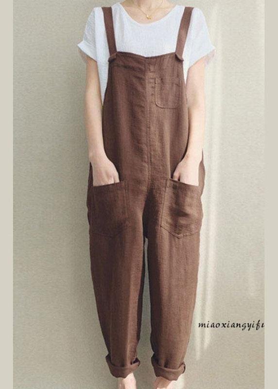 Women Solid Color Cotton Strappy Pocket Loose Harem Jumpsuit dylinoshop