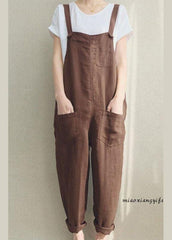 Women Solid Color Cotton Strappy Pocket Loose Harem Jumpsuit dylinoshop