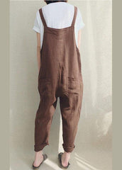 Women Solid Color Cotton Strappy Pocket Loose Harem Jumpsuit dylinoshop