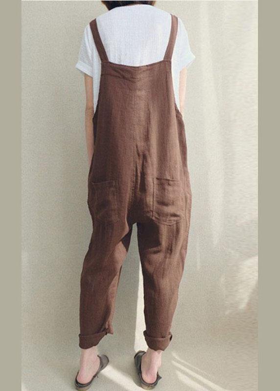 Women Solid Color Cotton Strappy Pocket Loose Harem Jumpsuit dylinoshop