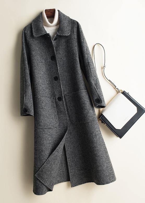 Women black plaid Fine tunic Woolen CoatsWork Peter pan Collar Button Down women Woolen Coats TCT200915