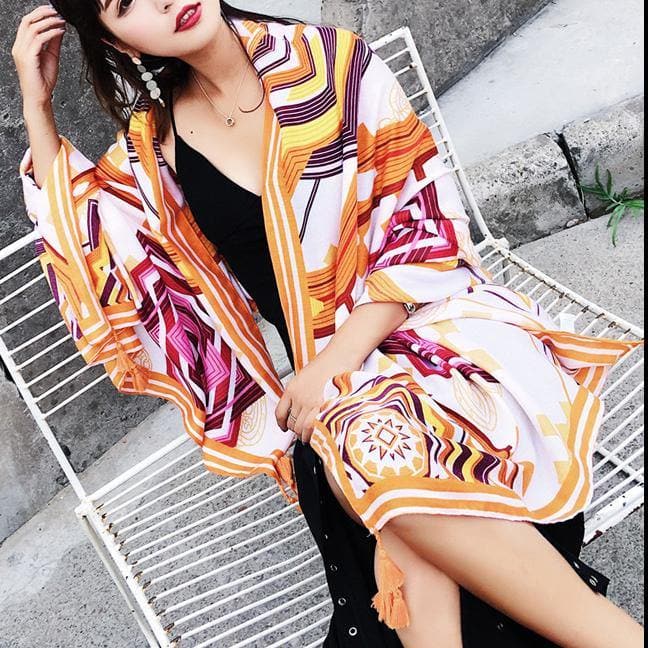 Women orange print Vintage Soolinen Seaside Vacation Printed Tassel Sunscreen Scarf SCF200801