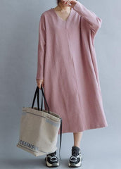 Women pink linen cotton outfit v neck Traveling fall Dresses FDL191011