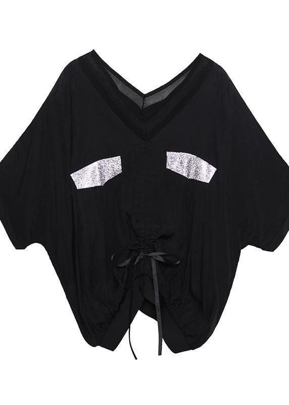 Women v neck drawstring cotton shirts Work black top summer AT-HTP190614