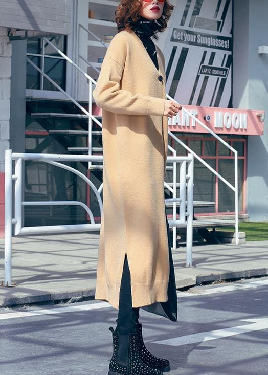 Women v neck side open Sweater outfits Classy khaki Hipster sweater dress AT-NSD191113