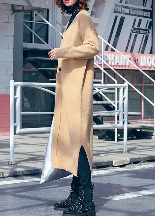Women v neck side open Sweater outfits Classy khaki Hipster sweater dress AT-NSD191113