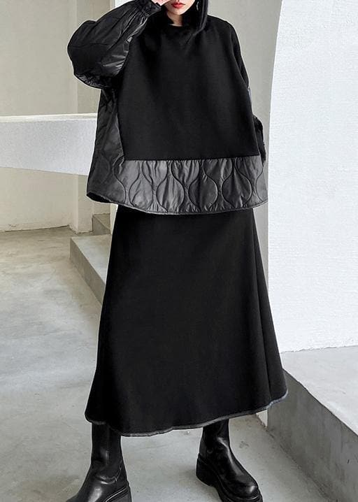 Women's Retro Winter Fashion Black Patchwork sweater skirt two piece set AT-FDL201202