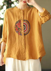 Yellow Button Casual Linen Shirt Tops Stand Collar Long Sleeve GK-LTP220127