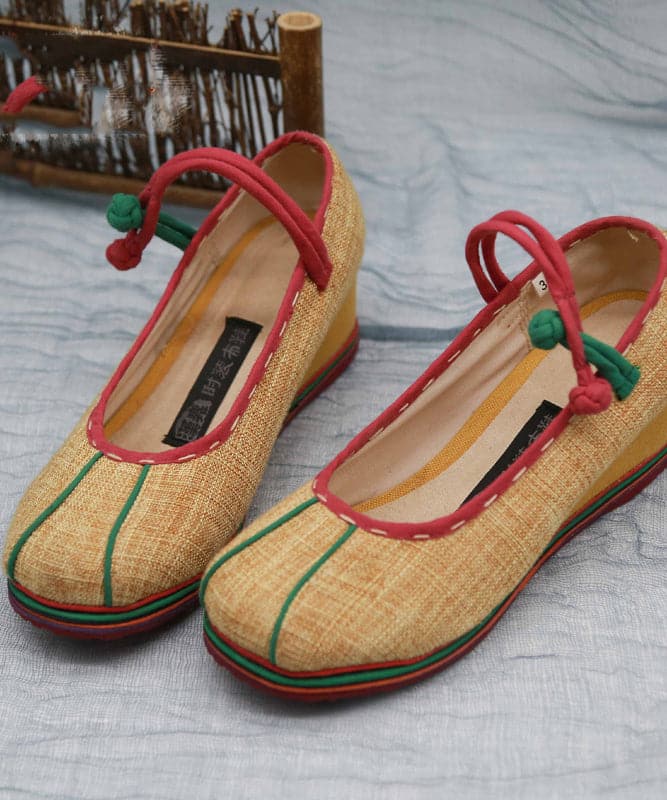 Yellow High Wedge Heels Shoes Chunky Cotton Fabric Retro Buckle Strap High Wedge Heels Shoes BX-XZ-PG20220401