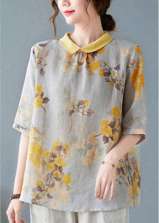 Yellow Peter Pan Collar Print Tops Half Sleeve GK-HTP220419