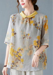 Yellow Peter Pan Collar Print Tops Half Sleeve GK-HTP220419