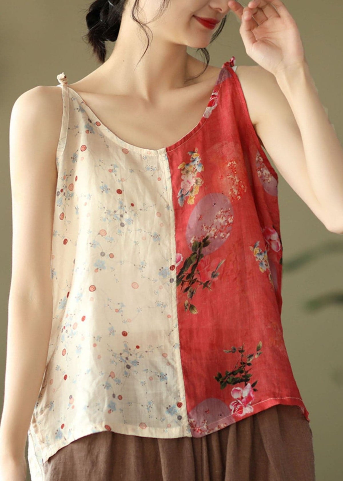 Yellow Red Patchwork Print Linen Spaghetti Strap Tops Colorblock Summer GK-VTP220516