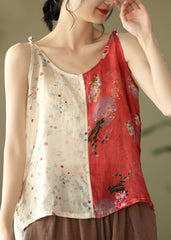 Yellow Red Patchwork Print Linen Spaghetti Strap Tops Colorblock Summer GK-VTP220516