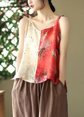Yellow Red Patchwork Print Linen Spaghetti Strap Tops Colorblock Summer GK-VTP220516