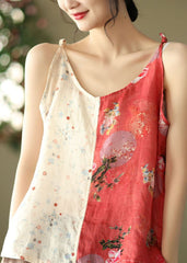 Yellow Red Patchwork Print Linen Spaghetti Strap Tops Colorblock Summer GK-VTP220516