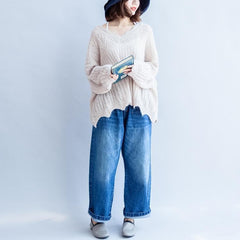 beige white fashion knit sweaters plus size casual ruffles sweater NTP171028